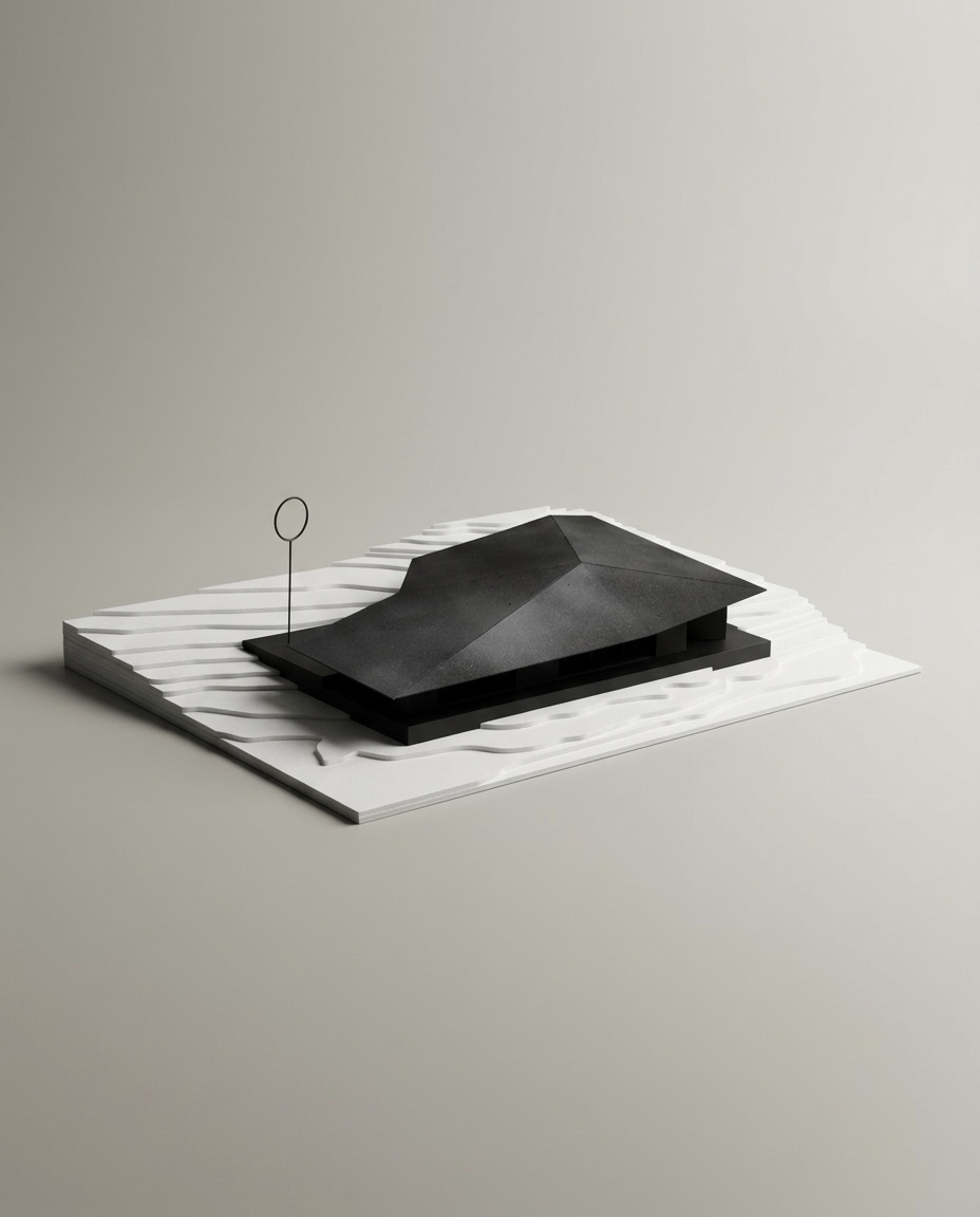 Maquette architecturale en carton peint blanc avec relief en strates et volume noir réalisé en impression 3D.