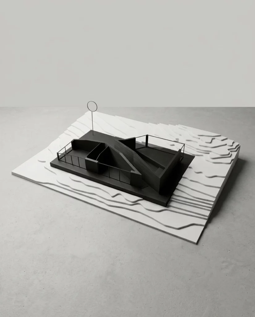 Maquette architecturale avec topographie en carton blanc et volume noir imprimé en 3D, présentée sur fond neutre.