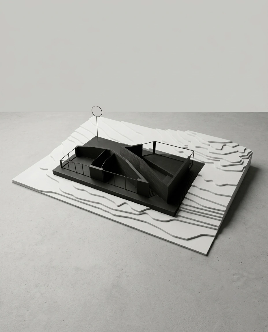 Maquette architecturale avec topographie en carton blanc et volume noir imprimé en 3D, présentée sur fond neutre.