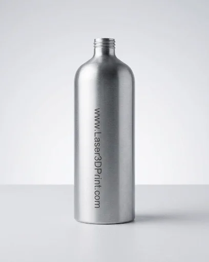 Bouteille en inox avec l’adresse www.Laser3DPrint.com gravée verticalement sur le corps.